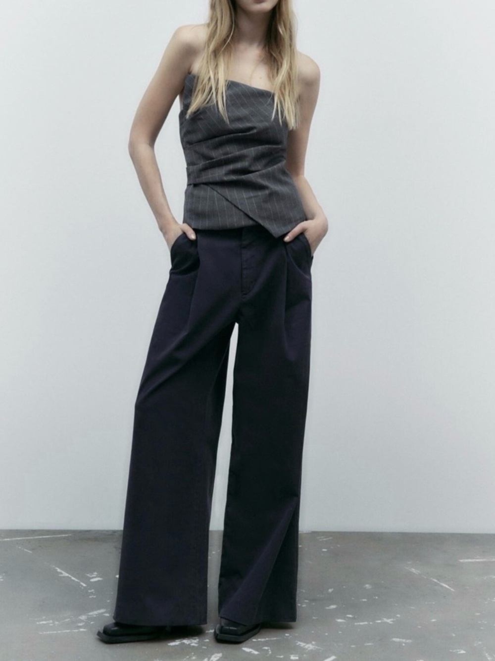 Zara Dark Gray Pinstripe Asymmetric Tube Top